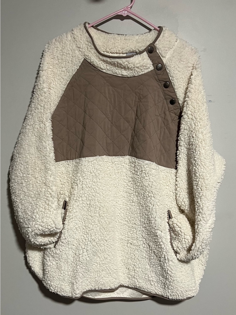 white birch Cream Sherpa Pullover with Tan Quilted Yoke